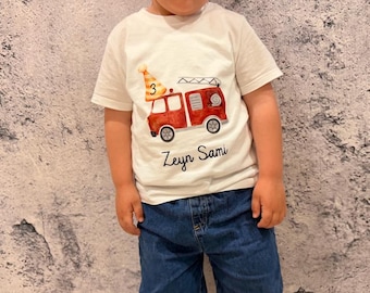 Personalized fire truck birthday shirt with name and number | Custom baby bodysuit fire truck children's birthday gift boys girls
