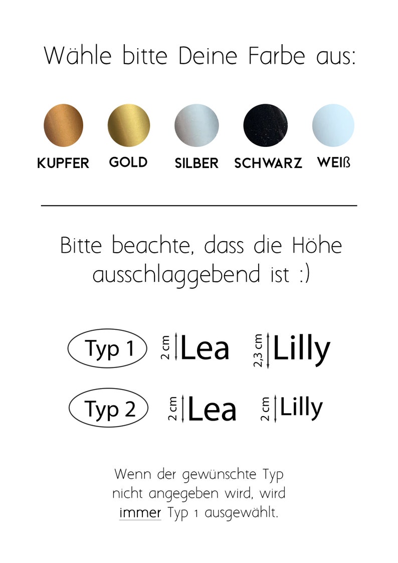 Puede incluir: Un gr&aacute;fico que muestra diferentes opciones de color para una placa de nombre personalizada. Los colores son cobre, oro, plata, negro y blanco. El gr&aacute;fico tambi&eacute;n muestra dos tama&ntilde;os diferentes para la placa de nombre, 2 cm y 2,3 cm. El texto en el gr&aacute;fico dice "W&auml;hle bitte Deine Farbe aus:" que se traduce como "Por favor, elige tu color:" y "Bitte beachte, dass die H&ouml;he ausschlaggebend ist :)" que se traduce como "Tenga en cuenta que la altura es decisiva :)".
