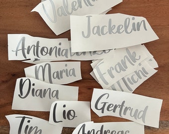 Puede incluir: Una colección de etiquetas adhesivas blancas individuales con nombres impresos en una fuente de escritura plateada metálica. Los nombres visibles incluyen Valentina, Jackelin, Antonia, Maria, Frank, Michi, Diana, Lio, Gertrud, Tim y Andreas, cada uno por separado.