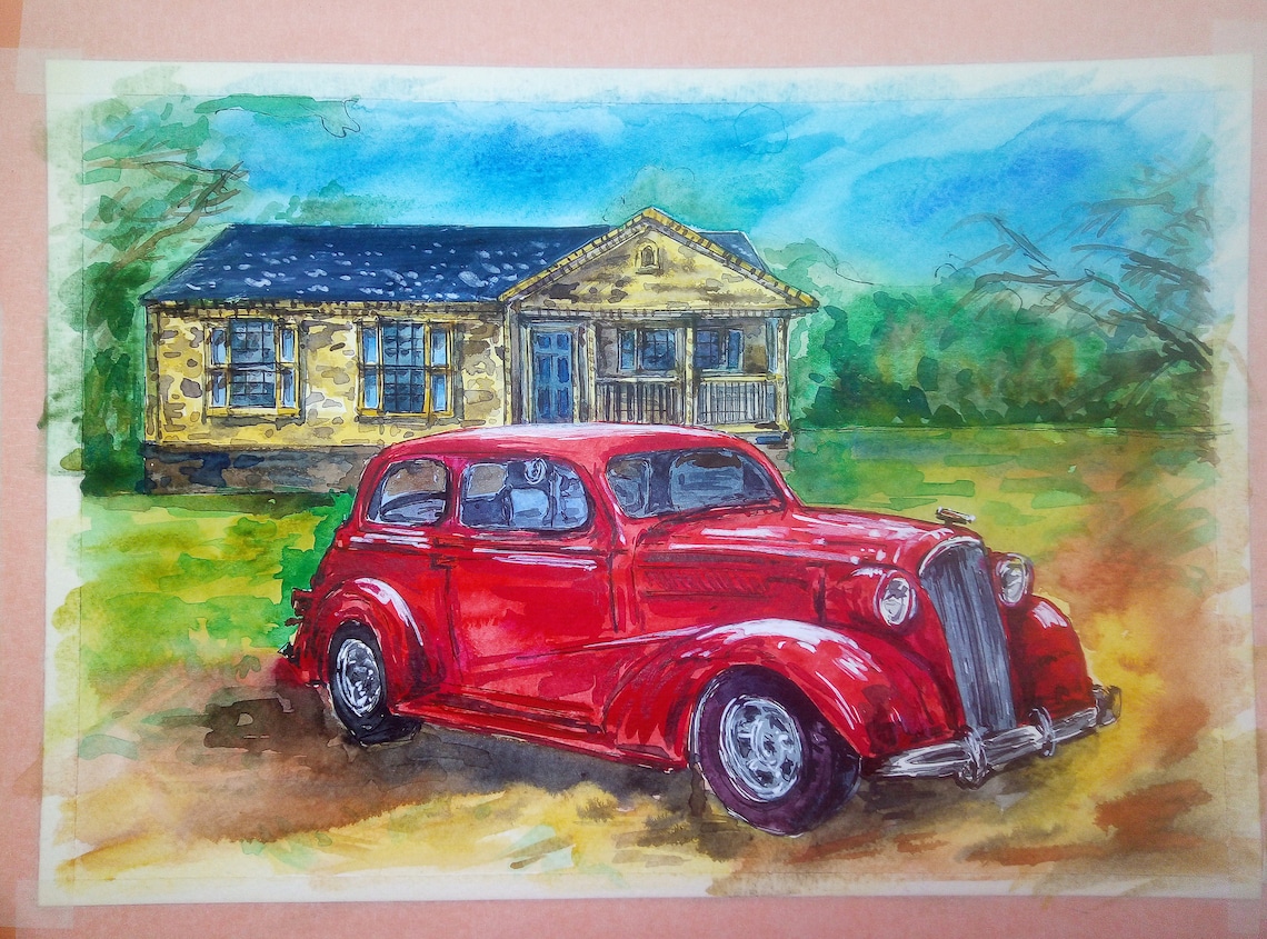 Retro Car Painting Watercolor Original Art Old Car Artwork Etsy