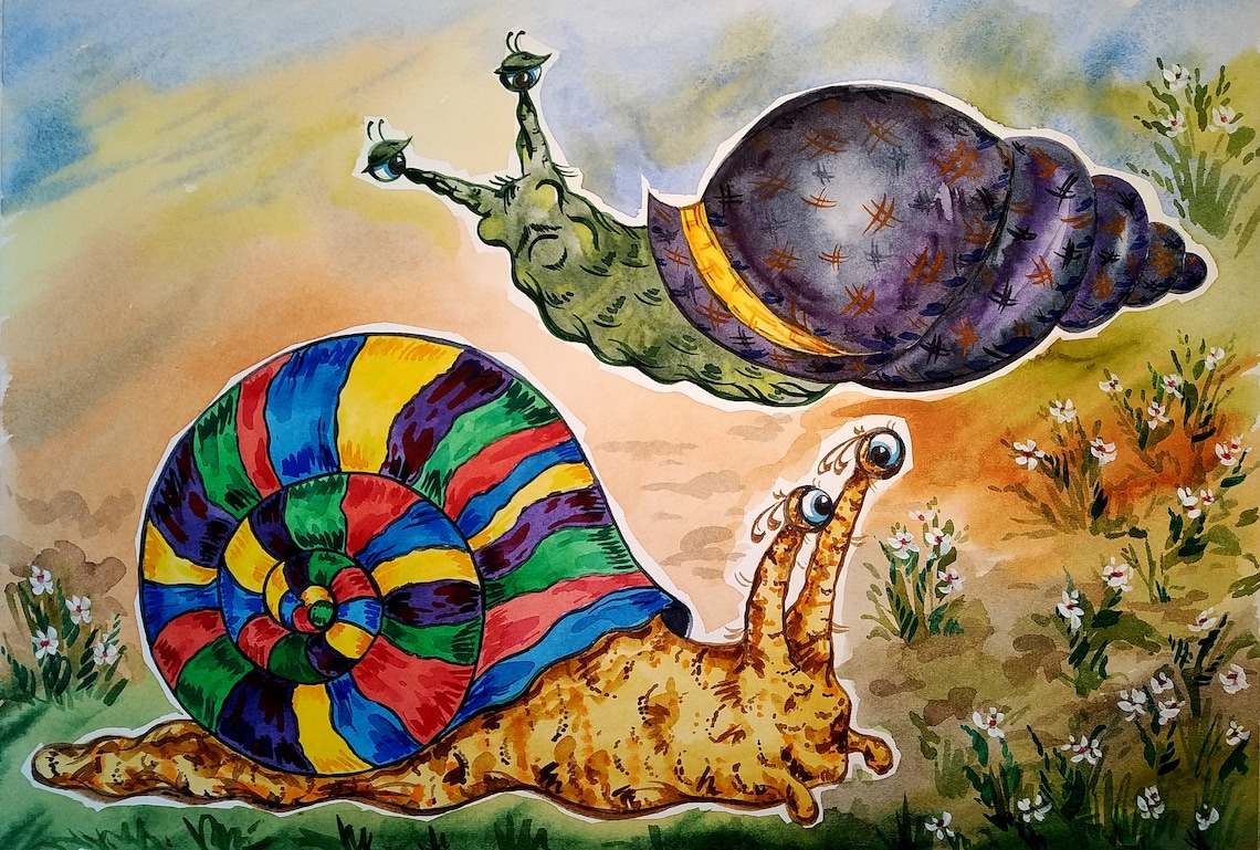 Snail Painting Watercolor Original Art 11 by 16 Etsy