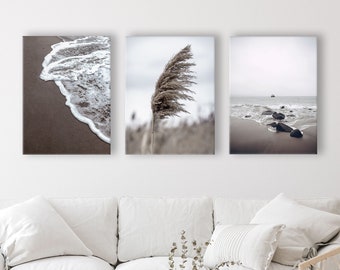 Reframed Strand Meer Gräser Bilder Set auf Premium Leinwand - 3-tlg. Deko für Wohnzimmer Schlafzimmer Flur - Print Bilder Wand Foto Canvas