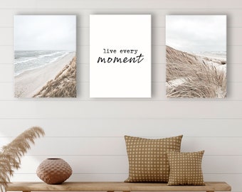 Reframed Strand Bilder Set auf Premium Leinwand - 3-tlg. Deko für Wohnzimmer Schlafzimmer Flur - Print Bilder Wand Foto Canvas Leinwand Bild