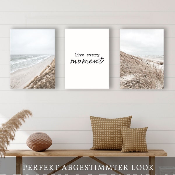 Reframed Strand Bilder Set auf Premium Leinwand - 3-tlg. Deko für Wohnzimmer Schlafzimmer Flur - Print Bilder Wand Foto Canvas Leinwand Bild