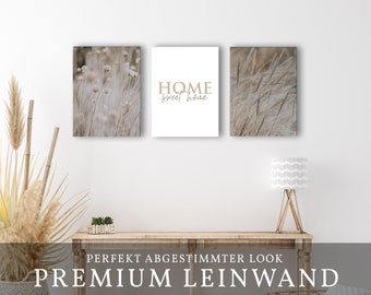 Reframed Beige Gräser Home Bilder Set auf Premium Leinwand - 3-tlg. Deko für Wohnzimmer Schlafzimmer Flur - Boho Print Wand Foto Canvas