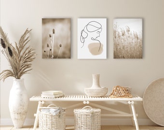 Reframed Beige Gräser Line Art Bilder Set auf Premium Leinwand - 3-tlg. Deko für Wohnzimmer Schlafzimmer Flur - Boho Print Wand Foto Canvas