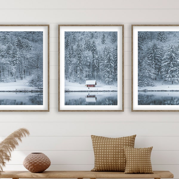 3 pcs. Winter poster set Haus am See - with picture frame on request | reframed