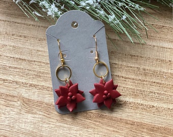 Maroon/burgundy Christmas Poinsettia flower earrings- polymer clay earrings