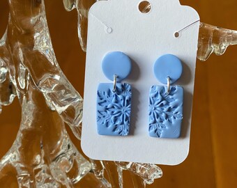 Blue snowflake imprint earrings- handmade polymer clay earrings