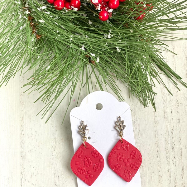 Red glitter holly leaf earrings- handmade polymer clay earrings- Christmas earrings