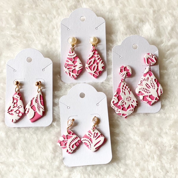 Pink and White  Lace Polymer Clay earrings- handmade polymer clay earrings