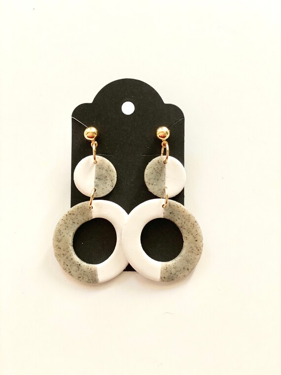 Two Tone White and Granite Dangle Circle Earrings Handmade Polymer