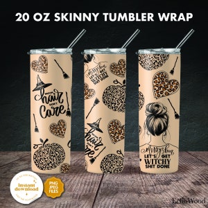 Envoltório de copo de Halloween para cabelo de vassoura bagunçado para sublimação, copo magro de 20 onças PNG, cabelo bagunçado não se importa, estampa de leopardo com corações