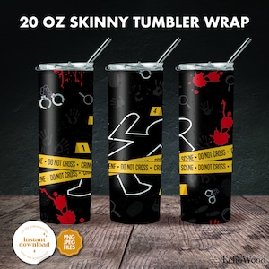 Crime Scene Tape Tumbler Wrap For Sublimation, True Crime 20oz Skinny Tumbler PNG, Detective Blood Spatter, Gift For True Crime Fan
