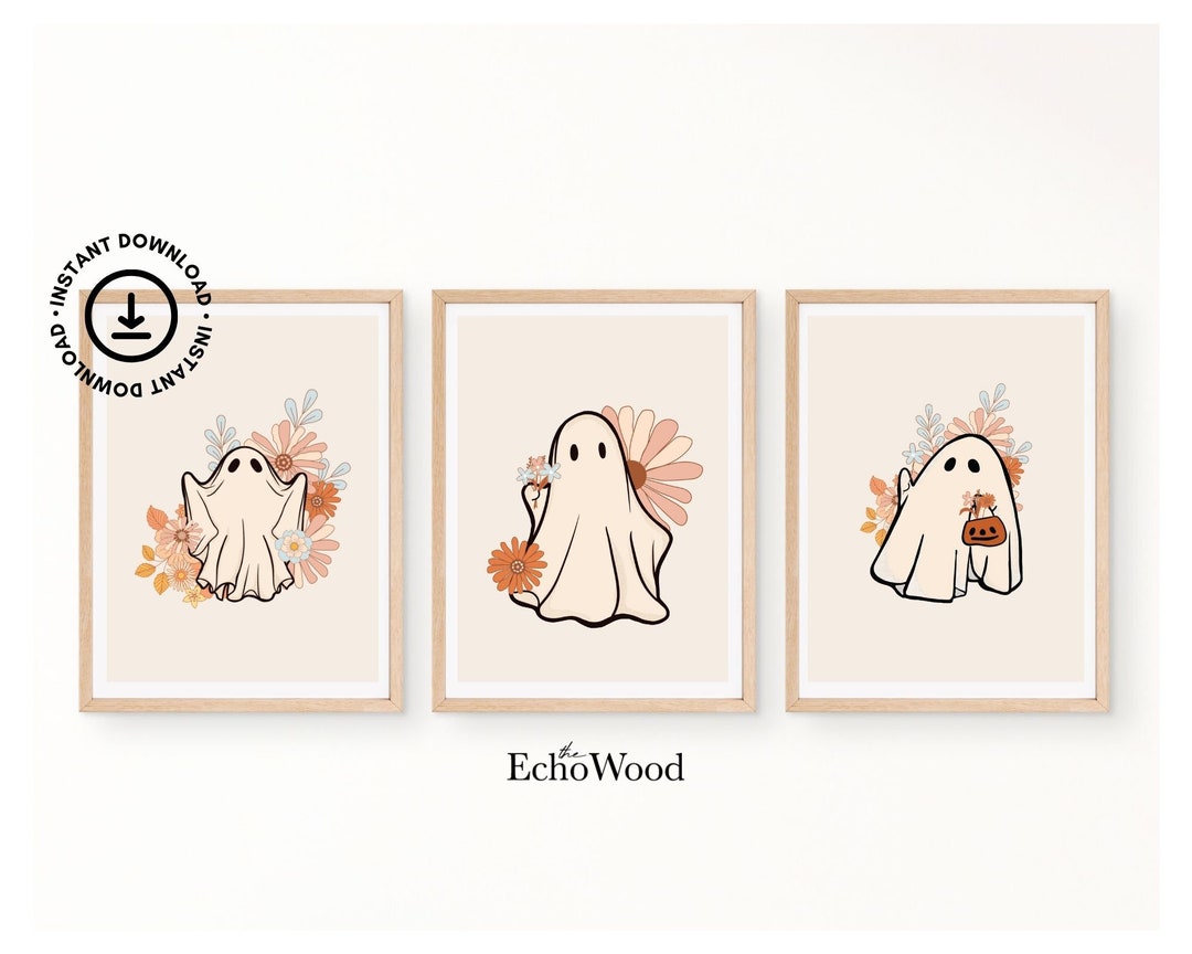 Cute Ghost Art Print Halloween Set Poster, Retro Ghost With Flowers ...