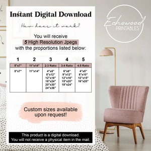 May include: A digital download graphic design product listing for printable wall art. The listing shows five different size options for the printable art, with the dimensions listed in inches. The text "Instant Digital Download" and "Echowood Printables" is visible in the image.