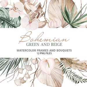 Boho Aquarell Rahmen und Blumensträuße - 12 PNG - Tropische Blätter und Pampasgras in Zartem Beige und Kühlem Pastellgrün, Hochzeit und Party