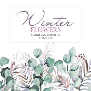 Aquarell Winter blumen nahtlose Bordüren mit Pastell Rosen und Blättern, 2 PNG direkter Download