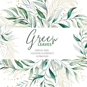 Aquarel groene en gouden kleine blaadjes, romantische bruiloft handgeschilderde groenelementen, 33 png instant download