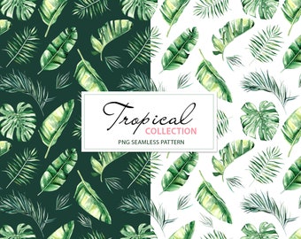 Watercolor tropical leaves seamless pattern, palm, monstera, banana greenery, 4000x4000px PNG illustration instant download
