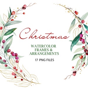 Cadres et arrangements de Noël à l’aquarelle, salutations de vacances et conceptions de papeterie 15 illustrations PNG téléchargement instantané