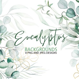 Aquarel eucalyptus bruiloft achtergronden – groene en bladgouden bladeren, roze bloemen – 8 png-afbeeldingen voor uitnodigingen, kaarten