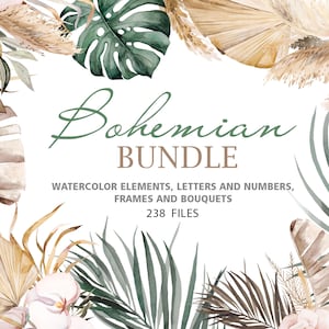 90% OFF Aquarell Boho Bundle - tropische Boho Clipart - 238 PNG und JPEG, Handgemalte Aquarell Illustrationen Set für Hochzeit