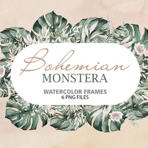 Cornici con foglie di monstera verde acquerello Boho, 6 illustrazioni boho in formato PNG per matrimoni e feste, download immediato