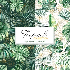 Padrão sem emenda de folhas tropicais em aquarela, palmeira, monstera, banana, vegetação dourada, ilustração PNG 3000x3000px download instantâneo