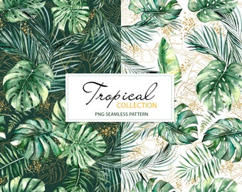 Aquarelle feuilles tropicales motif sans couture, palme, monstera, banane, verdure dorée, 3000x3000px PNG illustration téléchargement instantané