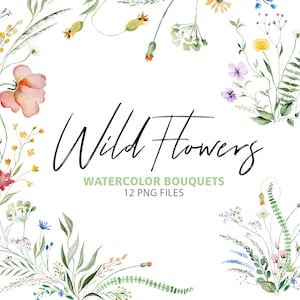 Buquês florais em aquarela - flores silvestres coloridas e folhas verdes para casamentos no verão e artigos de papelaria para festas 12 download instantâneo PNG