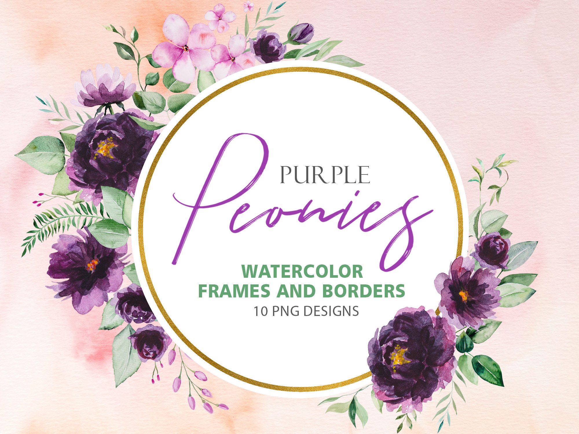 Purple peony wreath frame flowers watercolor PNG – WatercolorPNG