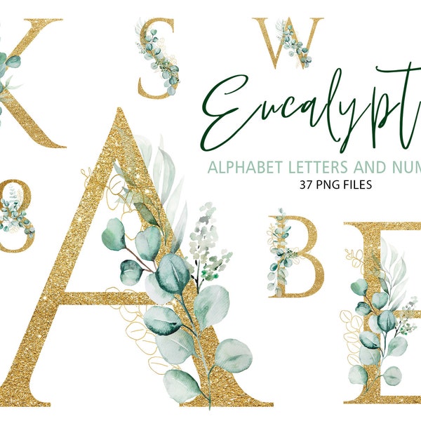 Wedding letters, numbers and ampersand with green eucalyptus bouquets, Wedding Monogram Clipart 37 PNG alphabet illustrations