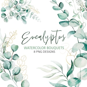 Eucalyptus aquarel clipart – groen en bladgoud, bloemen boeketten – 8 png-bestanden voor elegant groen huwelijksuitnodigingen en feestontwerp