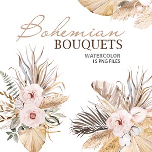 Bouquet Boho acquerellati con foglie e fiori secchi, clipart boho tropicale 15 illustrazioni PNG download immediato