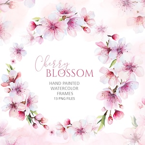 Aquarel sakura frames - pastelroze kersenbloemen en -knoppen voor lente Japanse bruiloft en feest briefpapier 13 png instant download