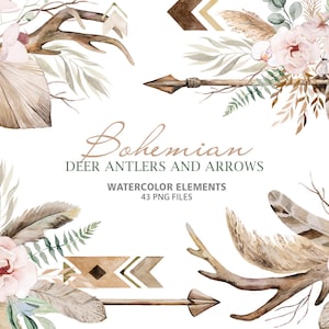 Conjunto de clipart Boho em aquarela – 43 PNG – chifres, flechas, folhas secas e flores para convites de casamento tribais e étnicos e design de festas