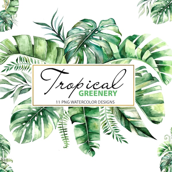 Watercolor Tropical leaves designs, Jungle Wreaths and Frames, jungle greenery, 11 PNG illustrations instant download