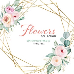 Watercolor Wedding Floral Frames: Golden Geometric Roses (PNG Digital Download)