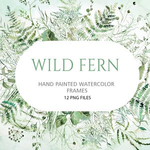 Aquarelle de verdure délicate - feuilles de fougère vertes et dorées, cadres de forêt - clipart mariage - 12 PNG - invitations botaniques et conception de fête