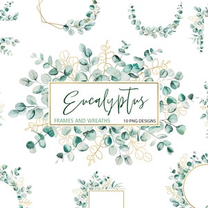 Aquarel Eucalyptus Kransen en Frames clipart, groen Geometrischeontwerpen met gouden gebladerte, 10 PNG illustraties instant download
