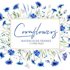Aquarell Blumen Rahmen - blaue Kornblumen und grüne Blätter für Sommer Hochzeit und Party Papeterie 11 PNG sofortiger download