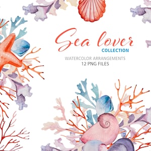 Watercolor Summer Tropical Sea Clipart, Colorful bright Coral Reef and SeaShells, 12PNG Beach Ocean Elements, Nautical Coastal Wedding Decor