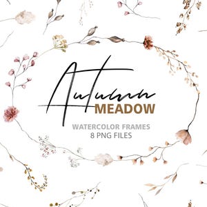 Clipart floreale acquerello autunnale beige e ruggine - 8 fotogrammi PNG - Cancelleria rustica per matrimoni autunnali, inviti per il Ringraziamento e design per feste