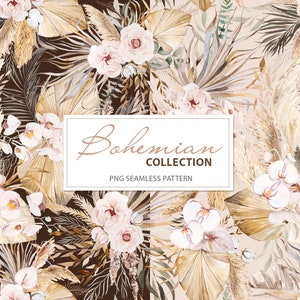 Aquarelle boho motif sans couture avec herbe de pampa, feuilles tropicales et fleurs, 3200x3200px PNG illustration
