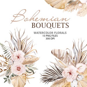 Clipart di nozze Boho ad acquerello, 15 bouquet PNG - pampas, monstera e foglie di palma per inviti, cancelleria e design per feste