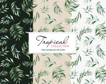 Watercolor tropical green leaves seamless pattern, botanical greenery, 4000x4000px PNG illustration instant download