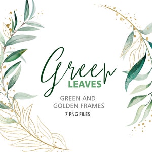 Aquarel groene en gouden bladeren frames, aquarel botanische handgeschilderde groen, 7 PNG instant download