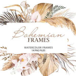 Clipart de casamento Boho em aquarela, 14 molduras PNG - pampas, monstera e folhas de palmeira para convites, artigos de papelaria, histórias e design de festas