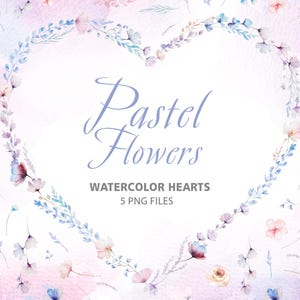 Cornici a forma di cuore floreale ad acquerello - Fiori selvatici pastello e foglie verdi per cancelleria estiva per matrimoni e feste 5 PNG download immediato
